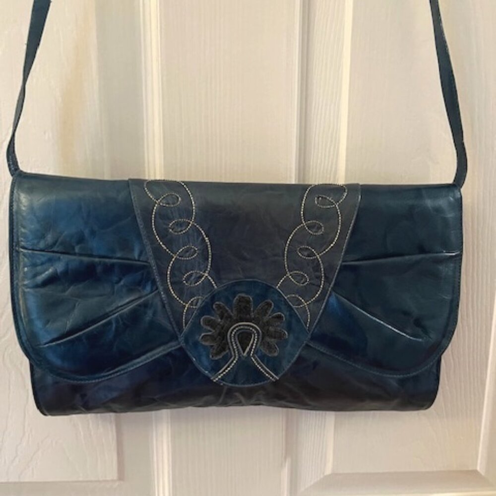 VINTAGE | Blue Soft Leather Envelope Style Clutch Crossbody Bag-EUC